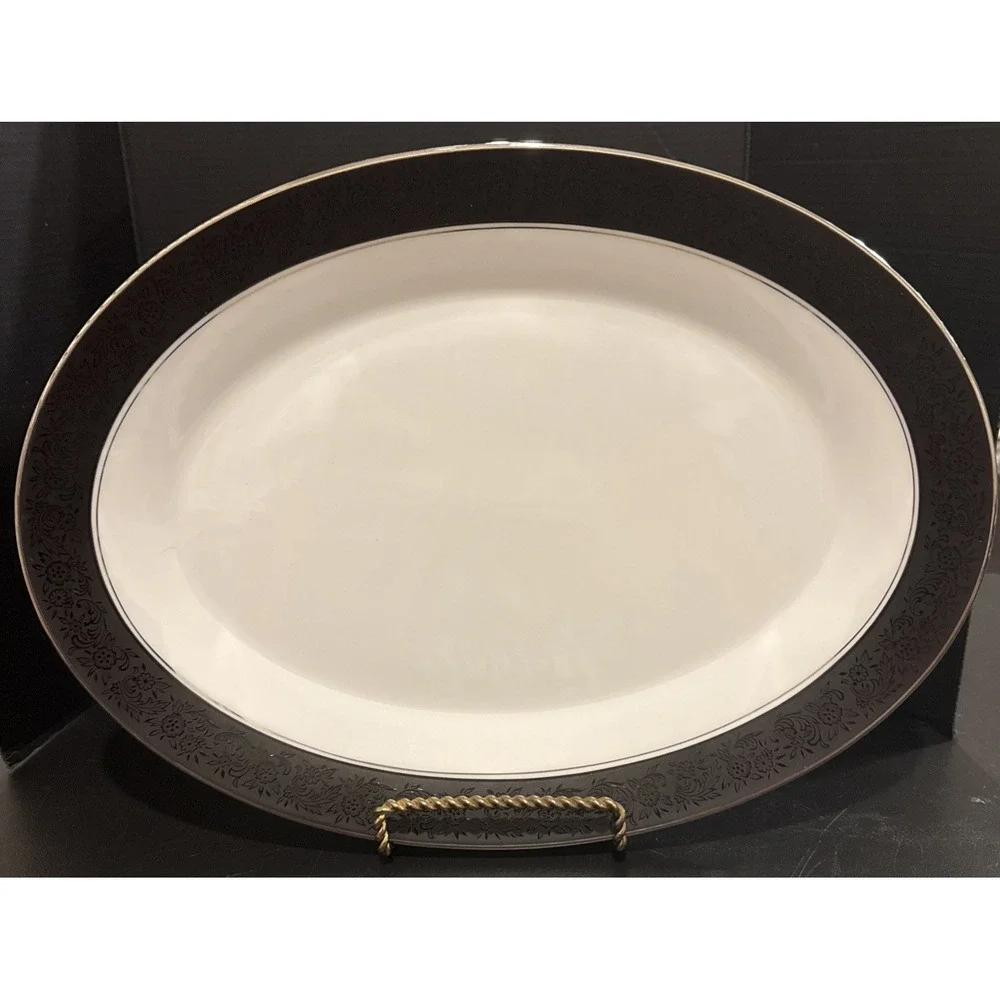 Noritake Mirano 6878 Serving Platter‎ Plate Black Floral Trim 14 Inch MCM